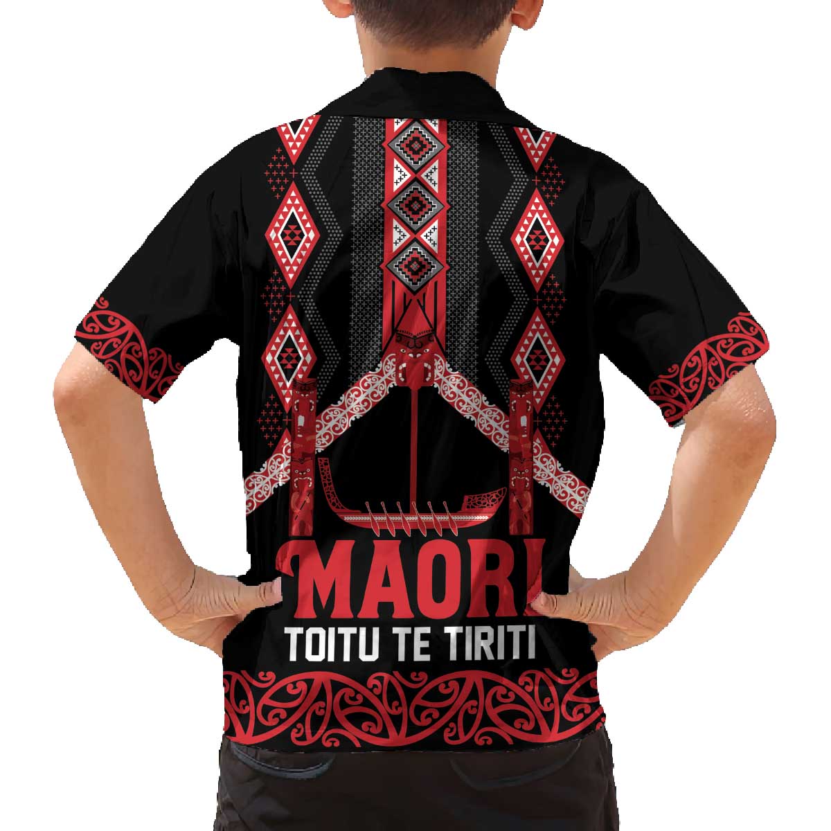 Toitu Te Tiriti Waitangi Family Matching Off The Shoulder Long Sleeve Dress and Hawaiian Shirt Black Wharenui House - Polynesian Pride