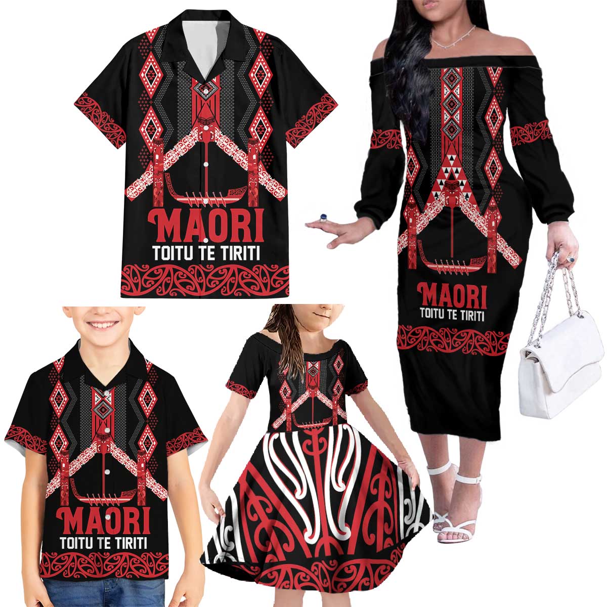 Toitu Te Tiriti Waitangi Family Matching Off The Shoulder Long Sleeve Dress and Hawaiian Shirt Black Wharenui House - Polynesian Pride