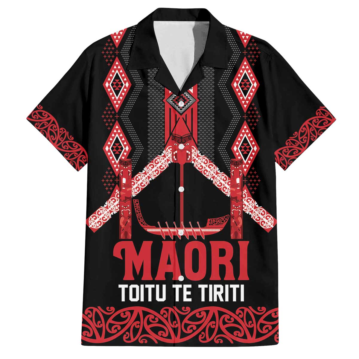 Toitu Te Tiriti Waitangi Family Matching Off The Shoulder Long Sleeve Dress and Hawaiian Shirt Black Wharenui House - Polynesian Pride