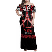 Toitu Te Tiriti Waitangi Family Matching Off Shoulder Maxi Dress and Hawaiian Shirt Black Wharenui House - Polynesian Pride