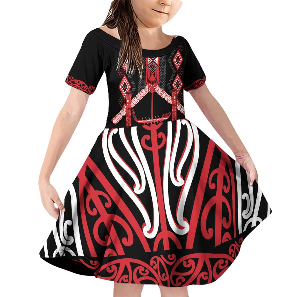 Toitu Te Tiriti Waitangi Family Matching Off Shoulder Short Dress and Hawaiian Shirt Black Wharenui House - Polynesian Pride