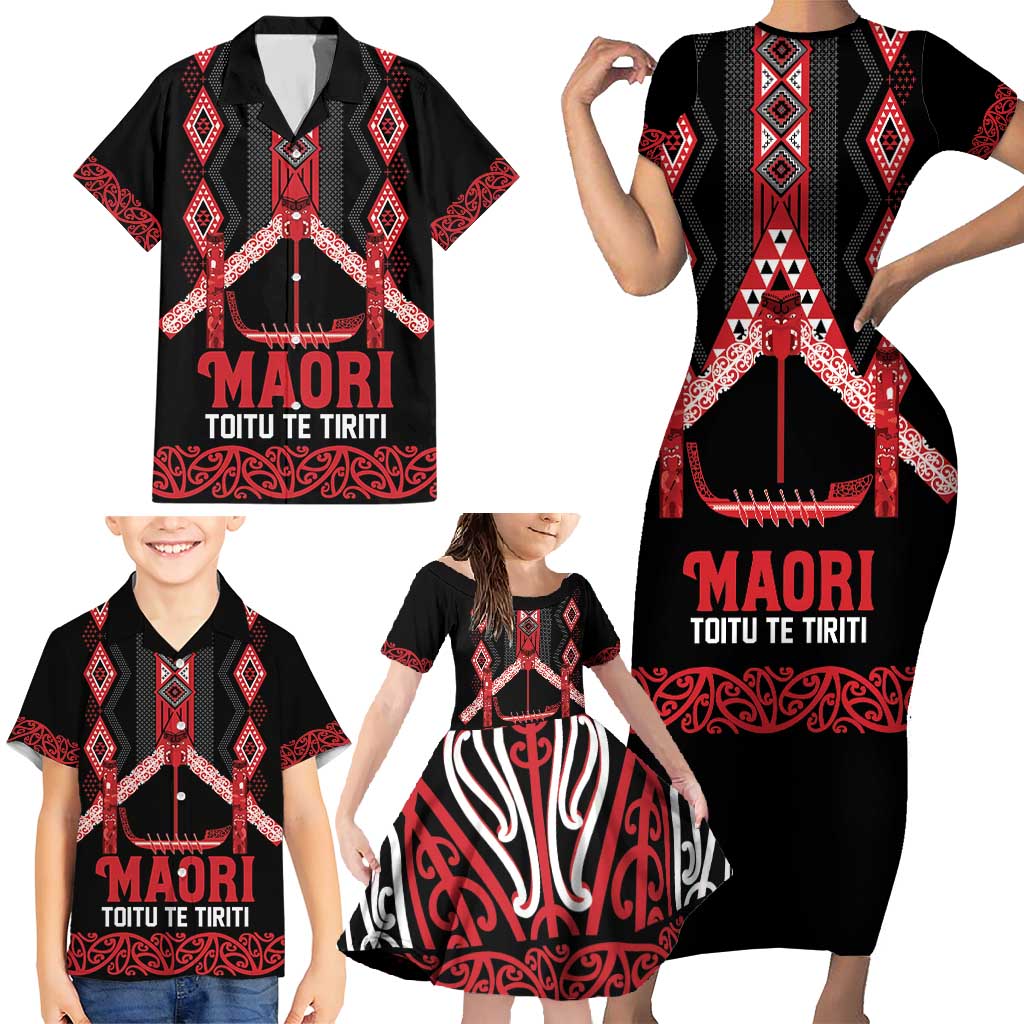 Toitu Te Tiriti Waitangi Family Matching Short Sleeve Bodycon Dress and Hawaiian Shirt Black Wharenui House - Polynesian Pride