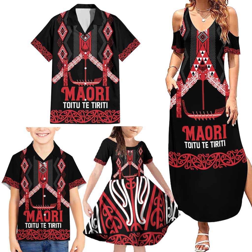 Toitu Te Tiriti Waitangi Family Matching Summer Maxi Dress and Hawaiian Shirt Black Wharenui House - Polynesian Pride
