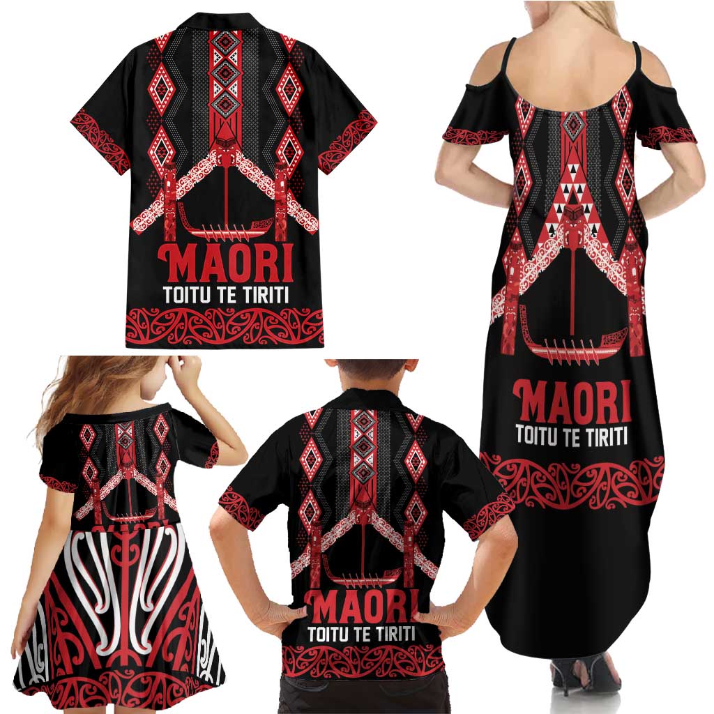 Toitu Te Tiriti Waitangi Family Matching Summer Maxi Dress and Hawaiian Shirt Black Wharenui House - Polynesian Pride