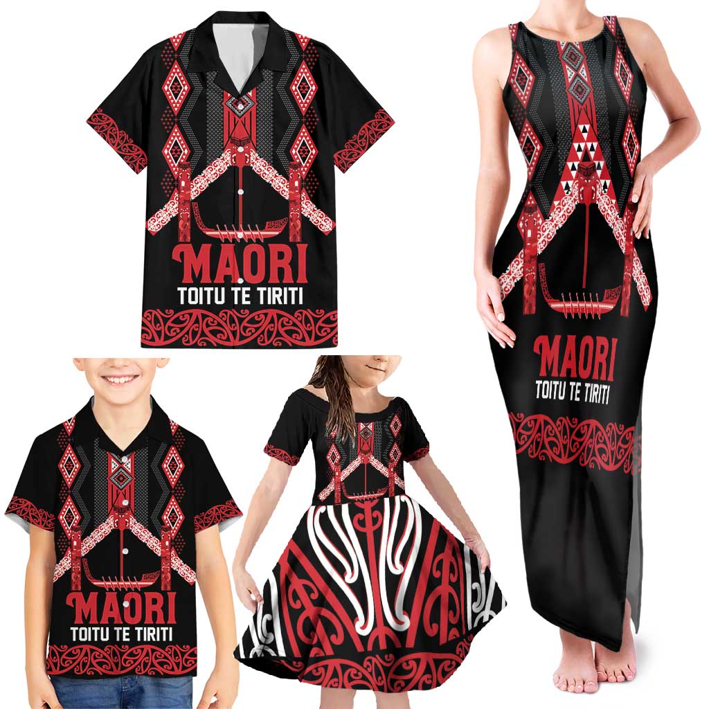 Toitu Te Tiriti Waitangi Family Matching Tank Maxi Dress and Hawaiian Shirt Black Wharenui House - Polynesian Pride