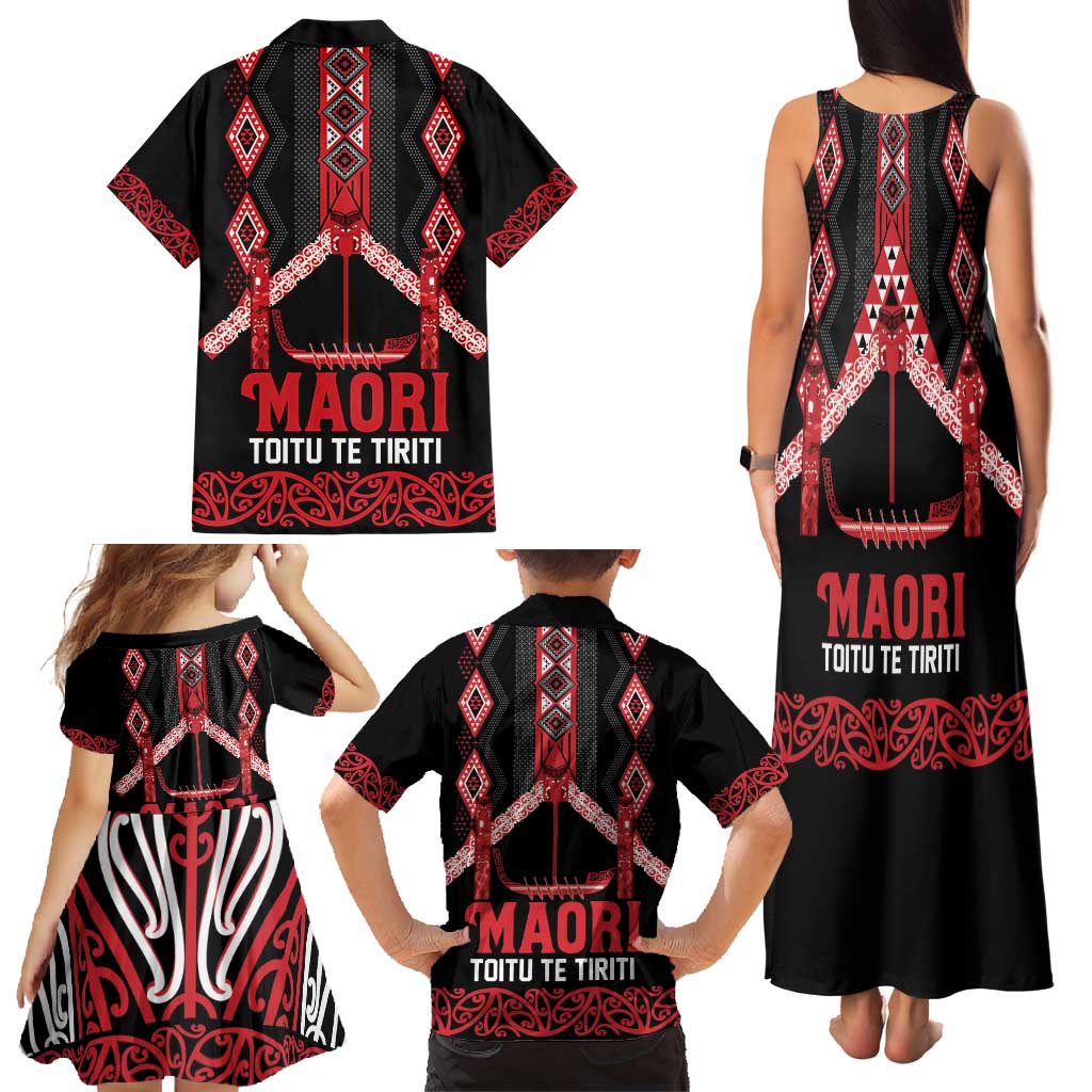 Toitu Te Tiriti Waitangi Family Matching Tank Maxi Dress and Hawaiian Shirt Black Wharenui House - Polynesian Pride