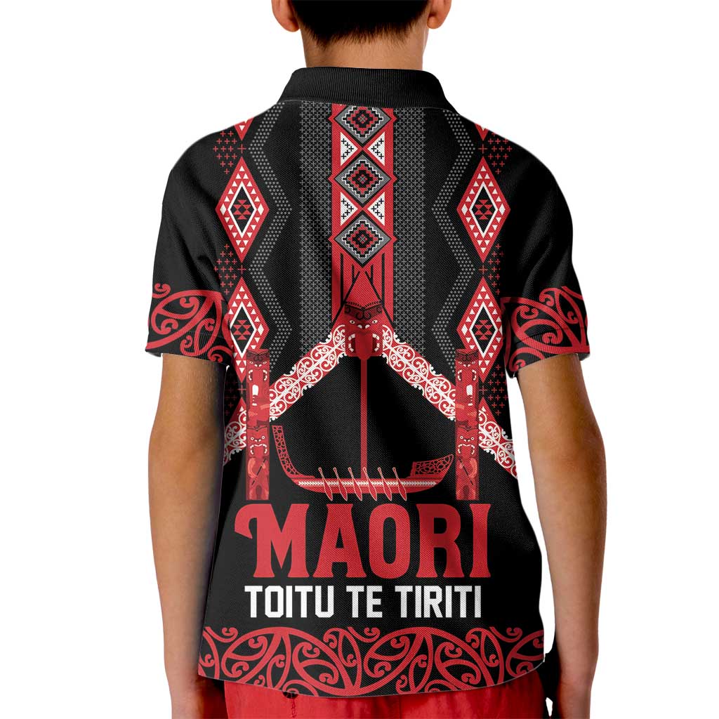 Toitu Te Tiriti Waitangi Kid Polo Shirt Black Wharenui House LT9 - Polynesian Pride