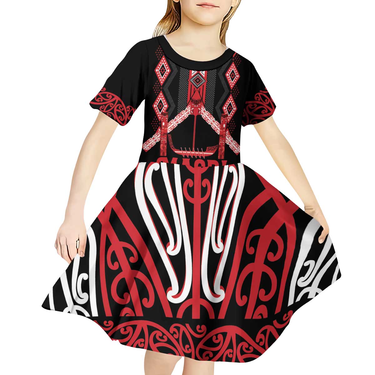 Toitu Te Tiriti Waitangi Kid Short Sleeve Dress Black Wharenui House LT9 - Polynesian Pride