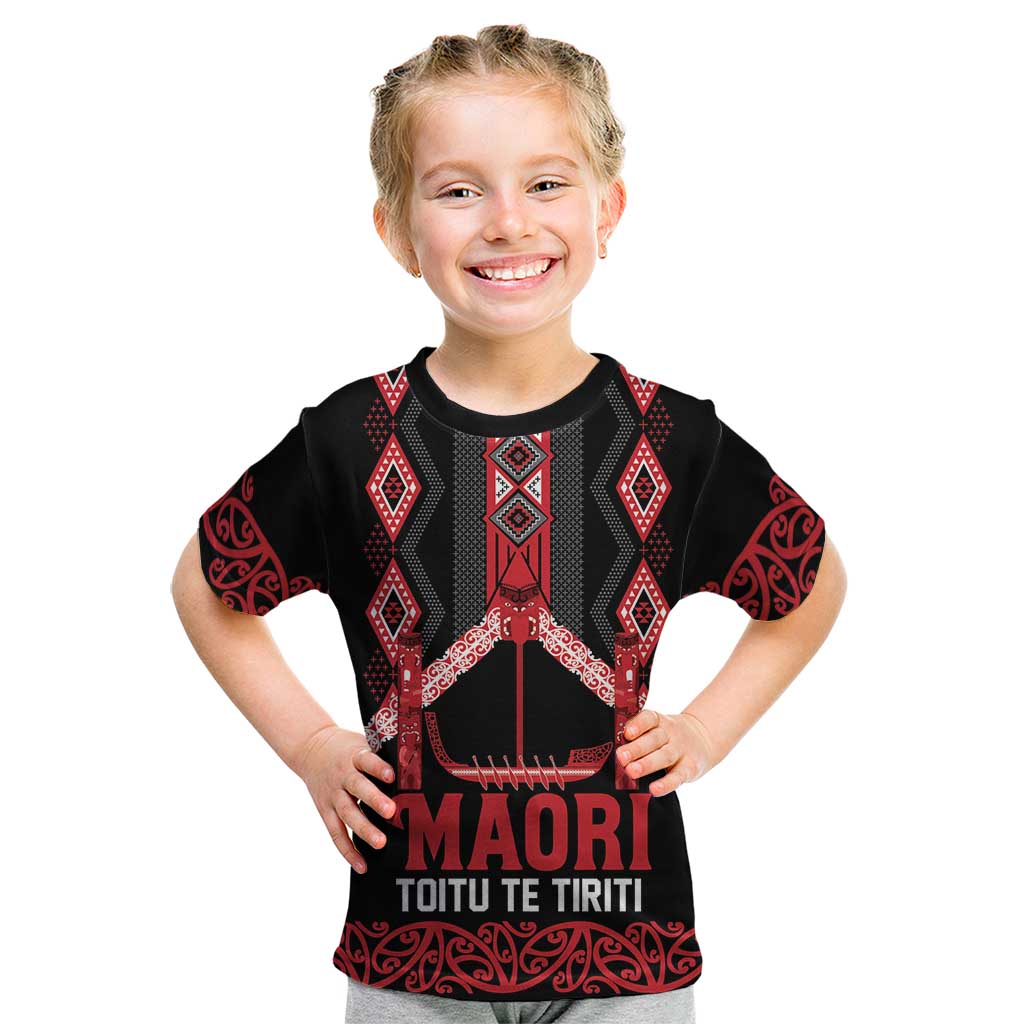 Toitu Te Tiriti Waitangi Kid T Shirt Black Wharenui House LT9 Black - Polynesian Pride
