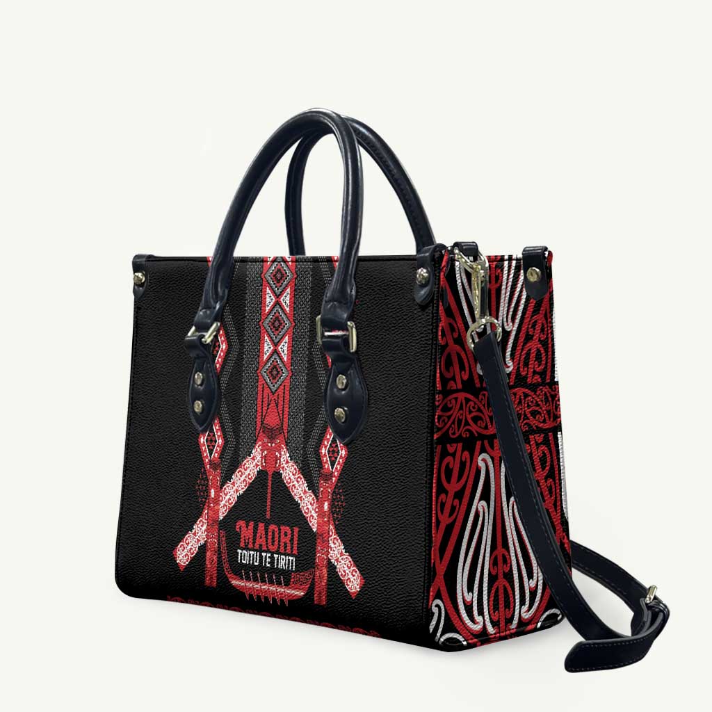 Toitu Te Tiriti Waitangi Leather Bag Black Wharenui House - Polynesian Pride
