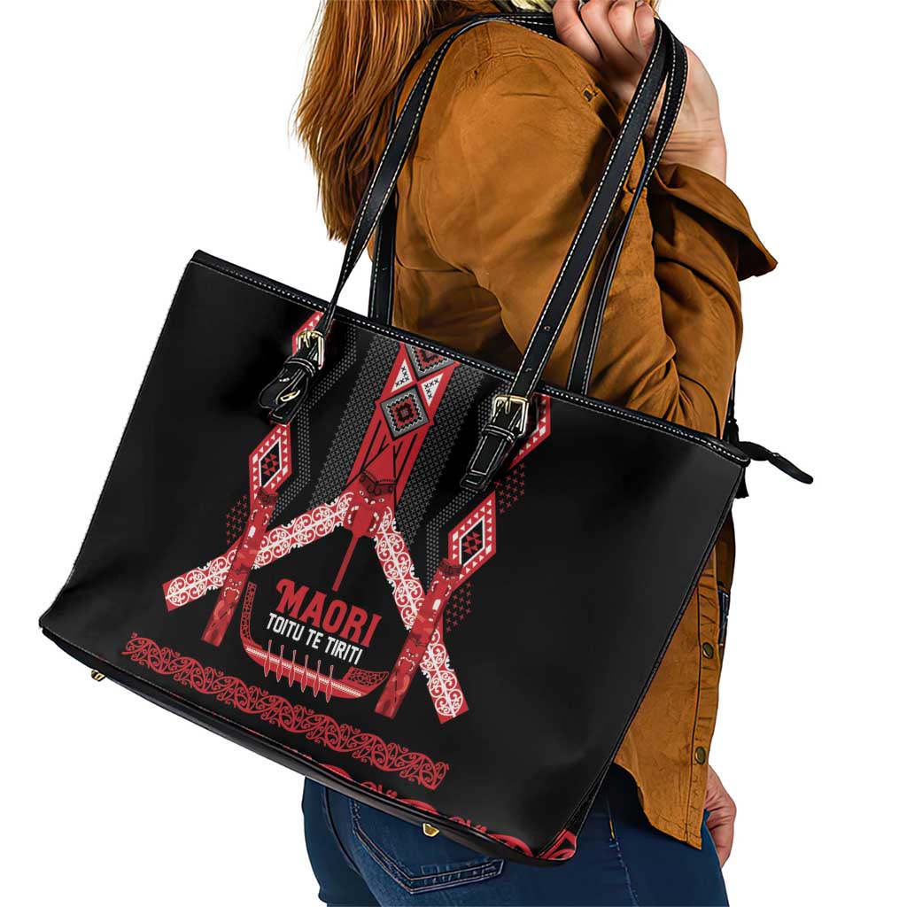Toitu Te Tiriti Waitangi Leather Tote Bag Black Wharenui House - Polynesian Pride