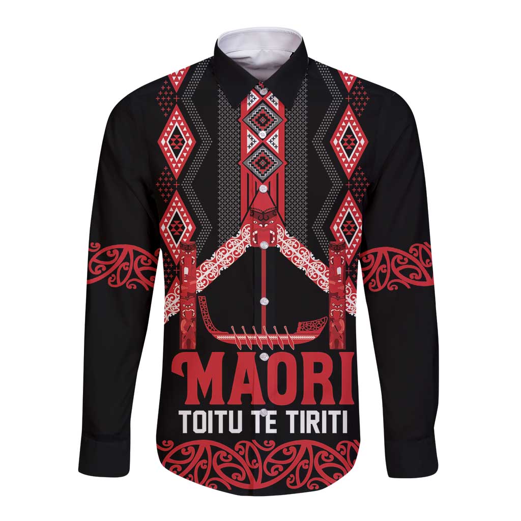 Toitu Te Tiriti Waitangi Long Sleeve Button Shirt Black Wharenui House - Polynesian Pride
