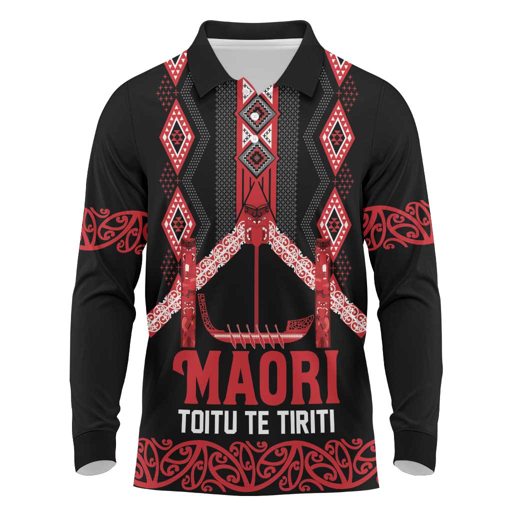 Toitu Te Tiriti Waitangi Long Sleeve Polo Shirt Black Wharenui House - Polynesian Pride