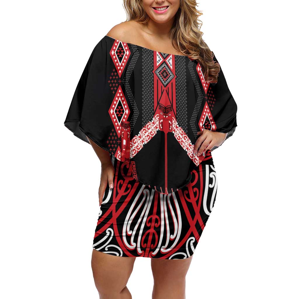 Toitu Te Tiriti Waitangi Off Shoulder Short Dress Black Wharenui House LT9 Women Black - Polynesian Pride