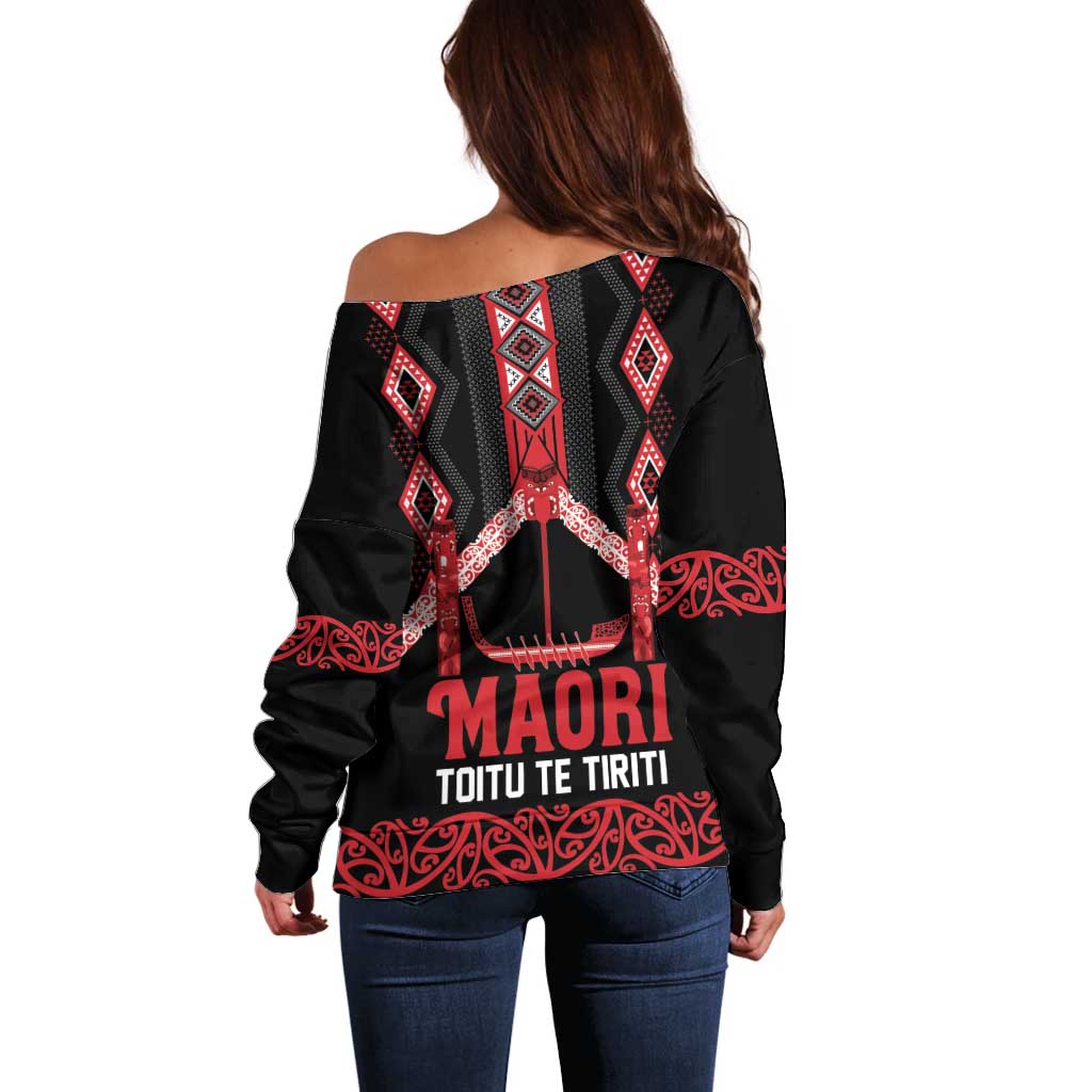 Toitu Te Tiriti Waitangi Off Shoulder Sweater Black Wharenui House - Polynesian Pride
