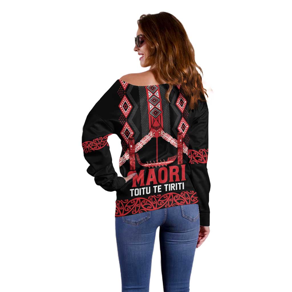 Toitu Te Tiriti Waitangi Off Shoulder Sweater Black Wharenui House - Polynesian Pride