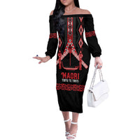 Toitu Te Tiriti Waitangi Off The Shoulder Long Sleeve Dress Black Wharenui House - Polynesian Pride