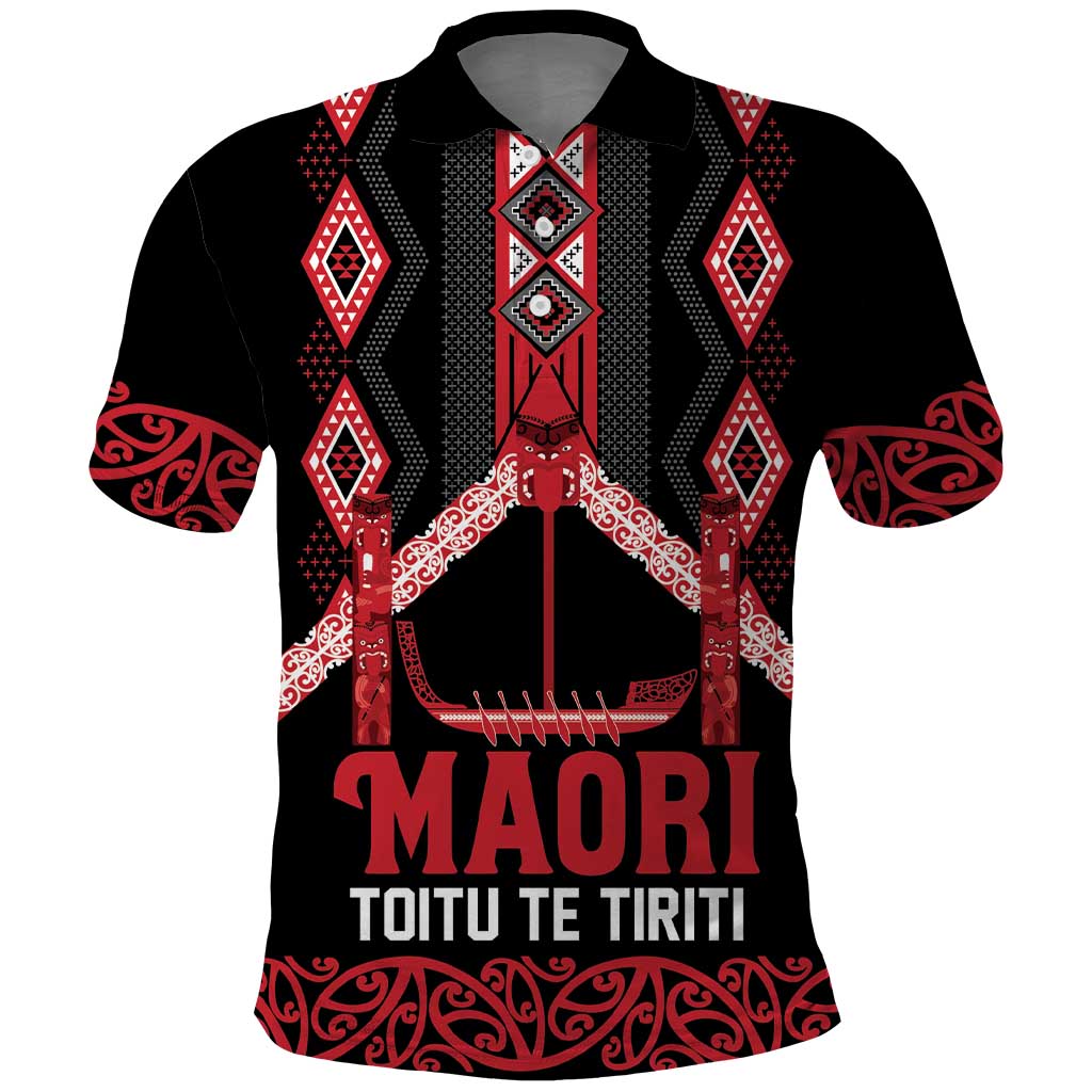 Toitu Te Tiriti Waitangi Polo Shirt Black Wharenui House LT9 Black - Polynesian Pride