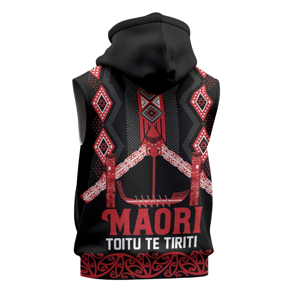 Toitu Te Tiriti Waitangi Sleeveless Zip Hoodie Black Wharenui House - Polynesian Pride
