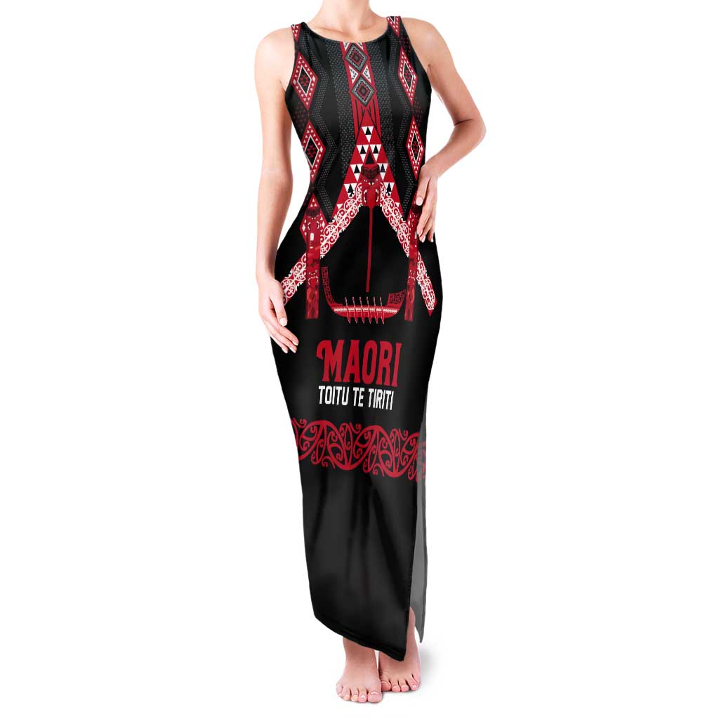 Toitu Te Tiriti Waitangi Tank Maxi Dress Black Wharenui House LT9 Women Black - Polynesian Pride