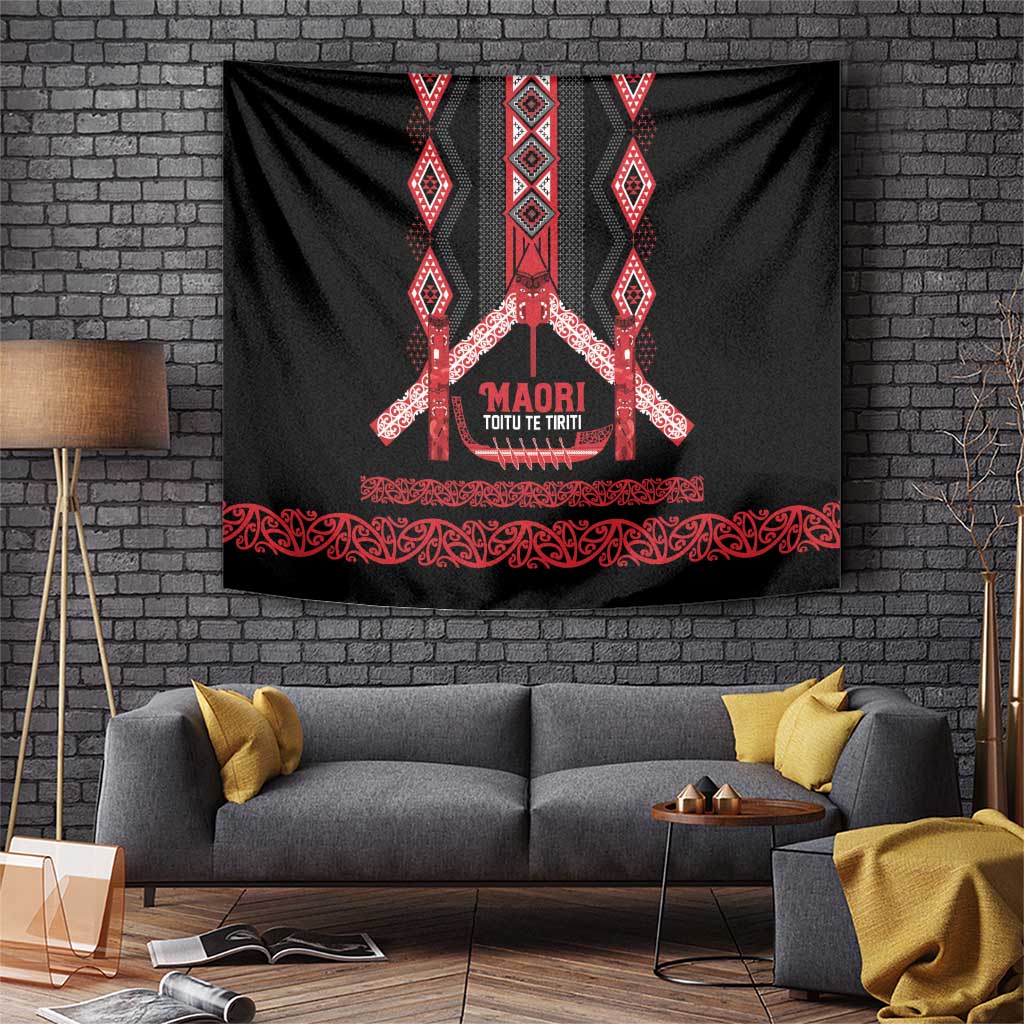 Toitu Te Tiriti Waitangi Tapestry Black Wharenui House - Polynesian Pride