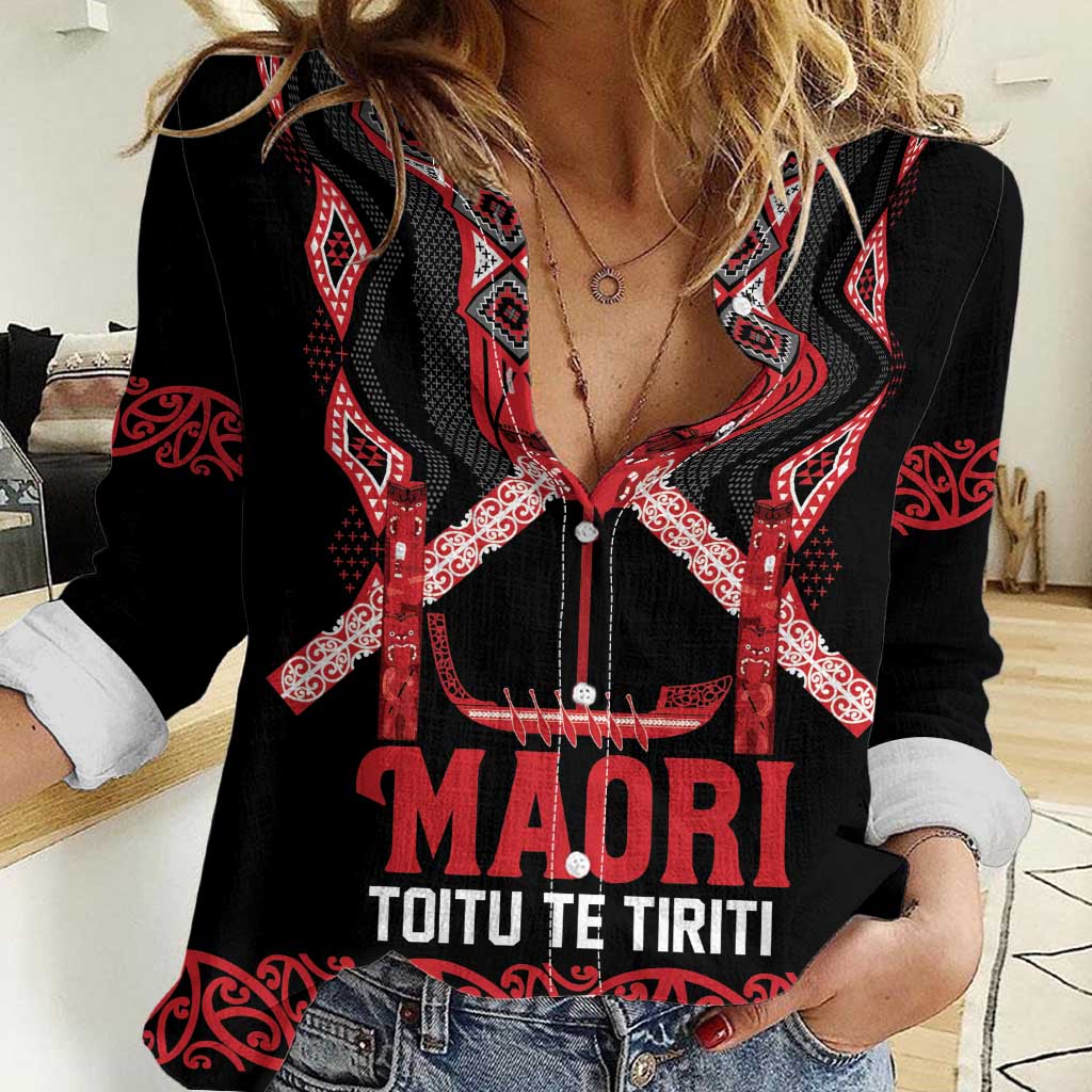 Toitu Te Tiriti Waitangi Women Casual Shirt Black Wharenui House - Polynesian Pride