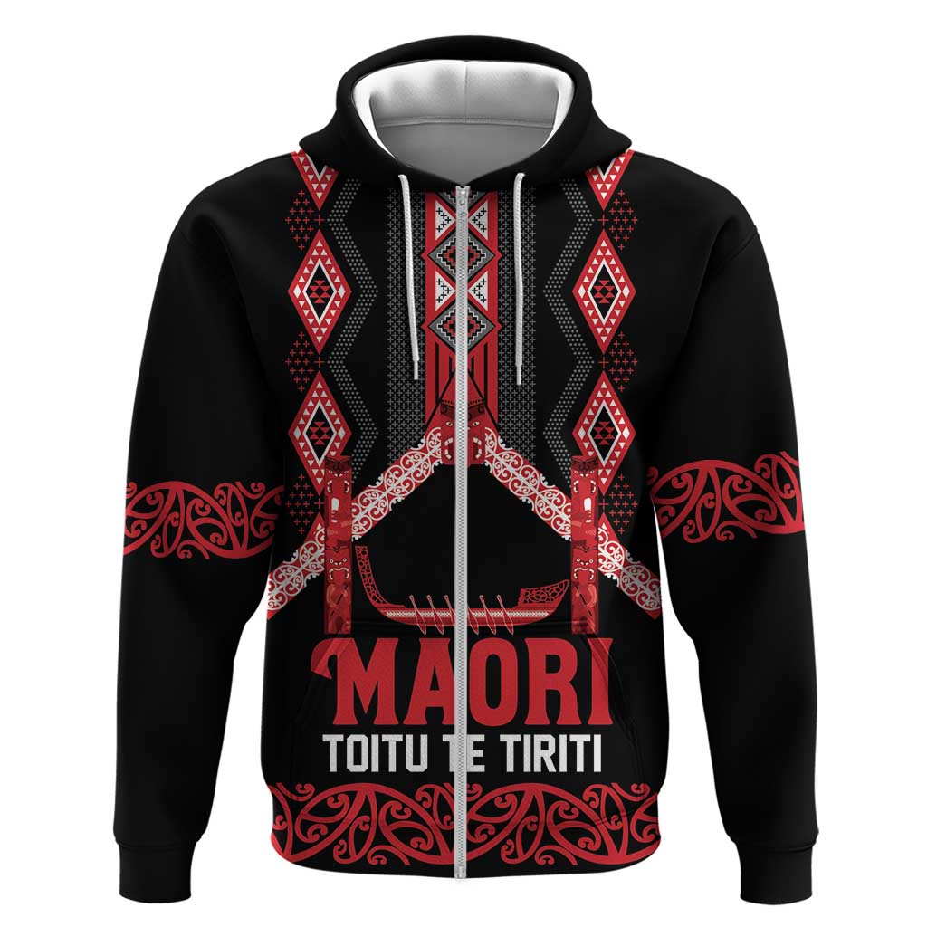 Toitu Te Tiriti Waitangi Zip Hoodie Black Wharenui House LT9 Zip Hoodie Black - Polynesian Pride