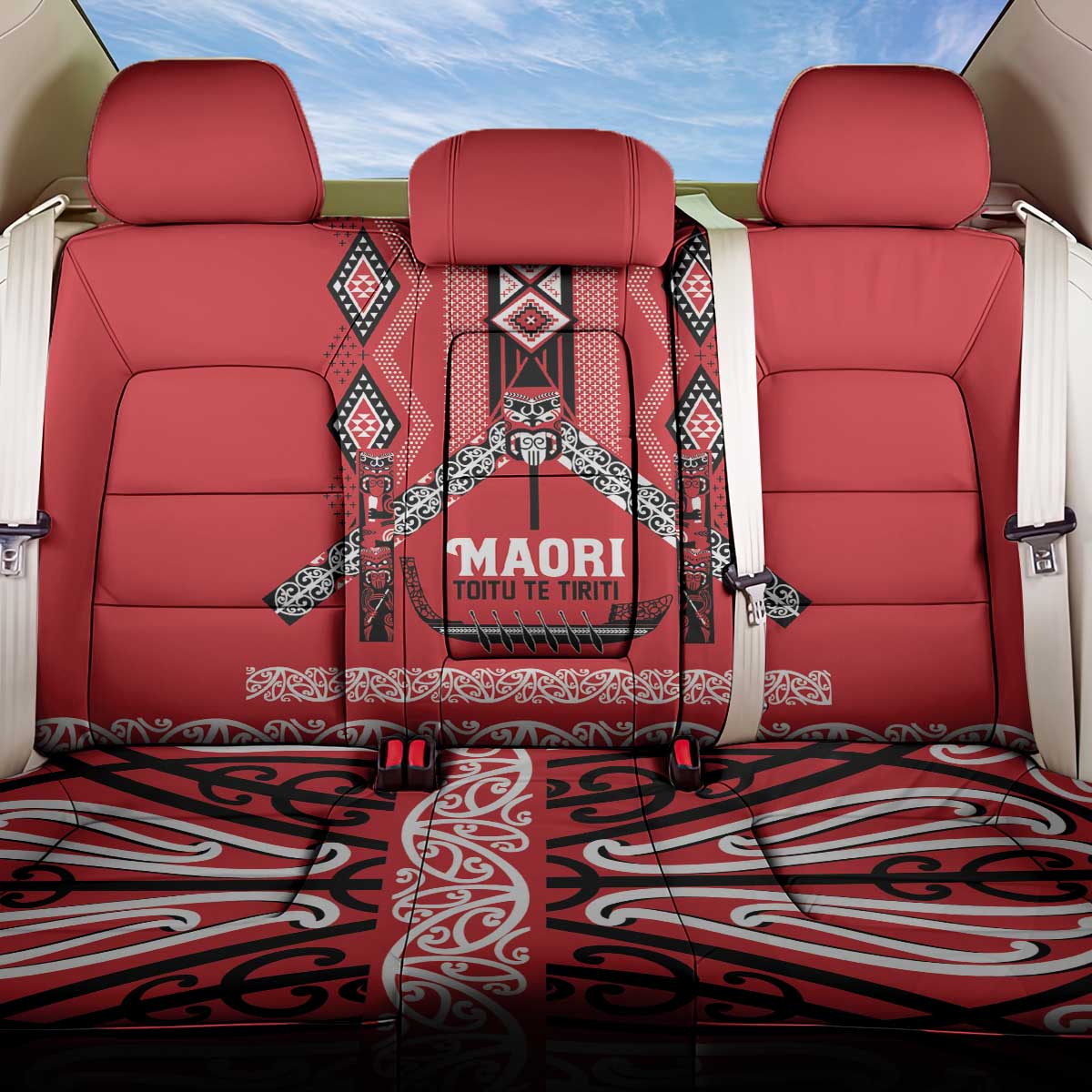 Toitu Te Tiriti Waitangi Back Car Seat Cover Red Wharenui House - Polynesian Pride