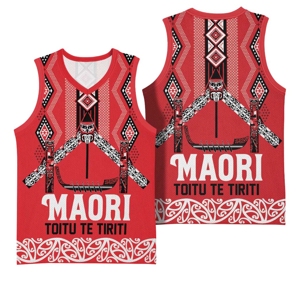 Toitu Te Tiriti Waitangi Basketball Jersey Red Wharenui House LT9 - Polynesian Pride