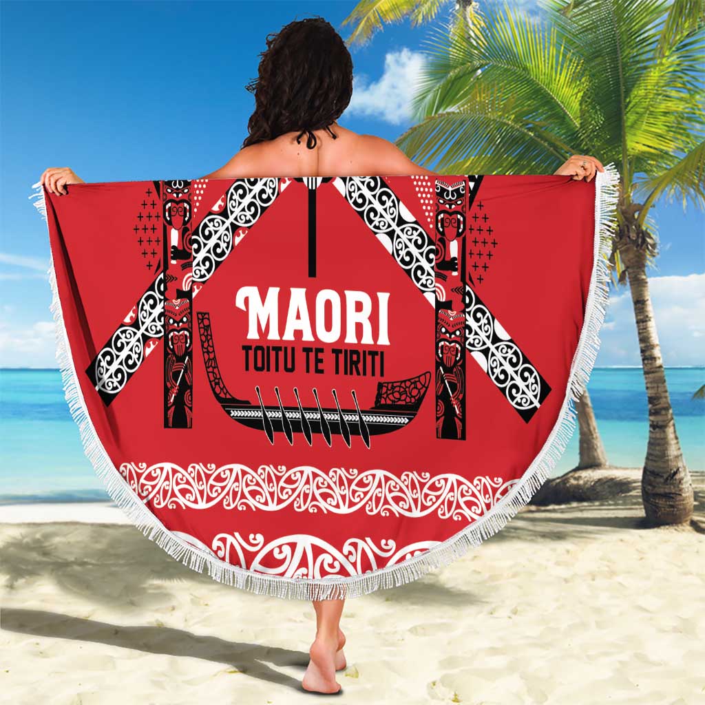 Toitu Te Tiriti Waitangi Beach Blanket Red Wharenui House - Polynesian Pride