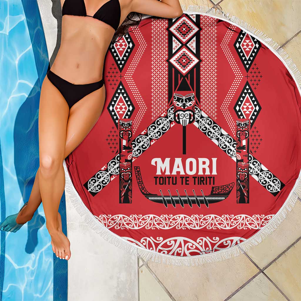 Toitu Te Tiriti Waitangi Beach Blanket Red Wharenui House - Polynesian Pride