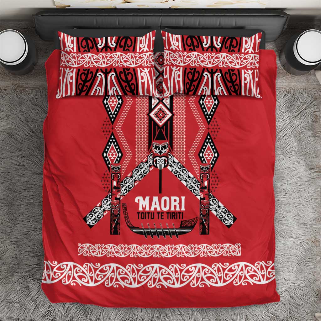 Toitu Te Tiriti Waitangi Bedding Set Red Wharenui House LT9 Red - Polynesian Pride
