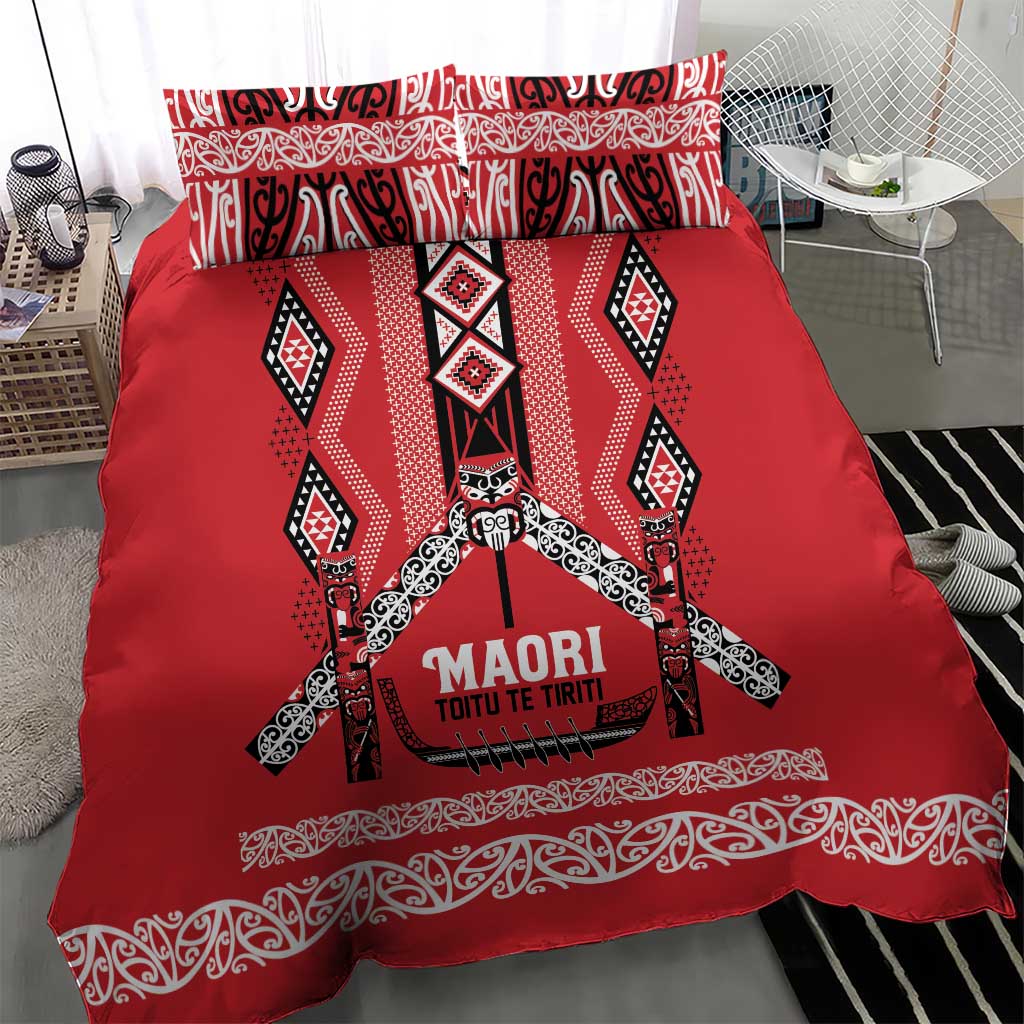 Toitu Te Tiriti Waitangi Bedding Set Red Wharenui House LT9 - Polynesian Pride