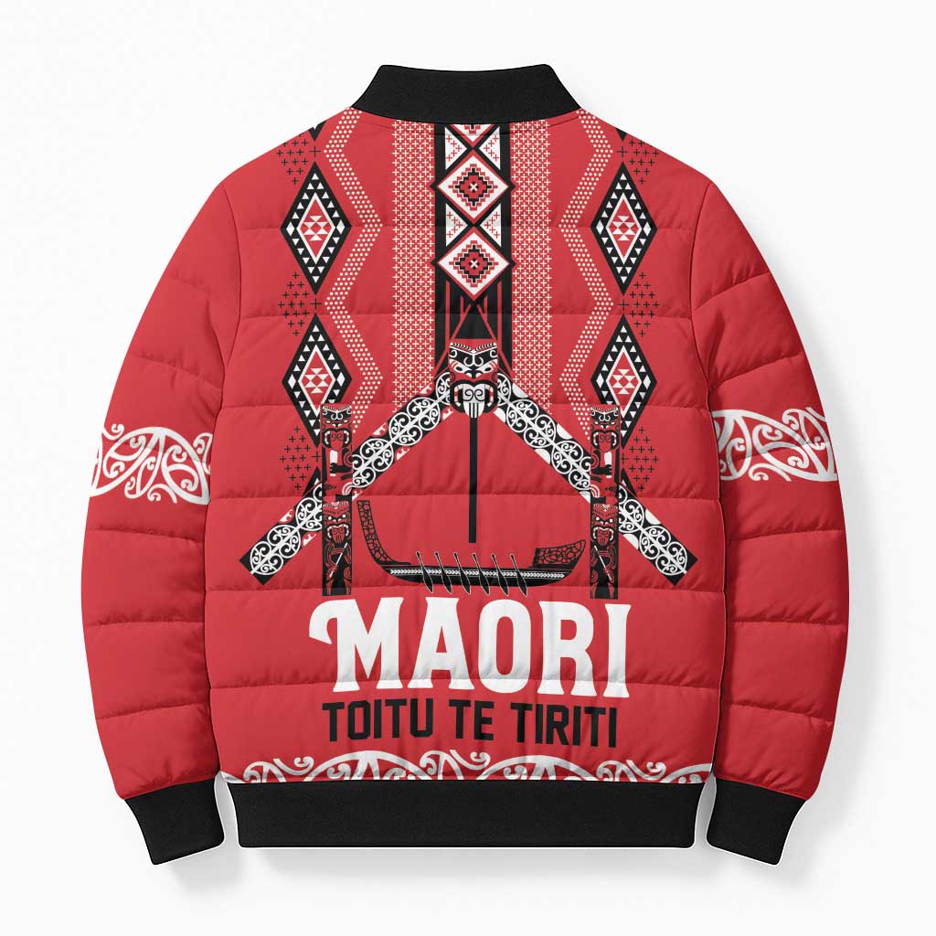 Toitu Te Tiriti Waitangi Bomber Puffer Jacket Red Wharenui House LT9 - Polynesian Pride