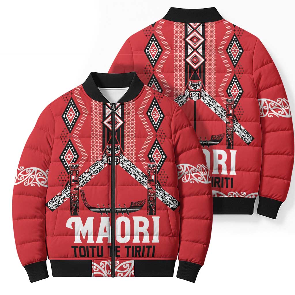 Toitu Te Tiriti Waitangi Bomber Puffer Jacket Red Wharenui House LT9 - Polynesian Pride
