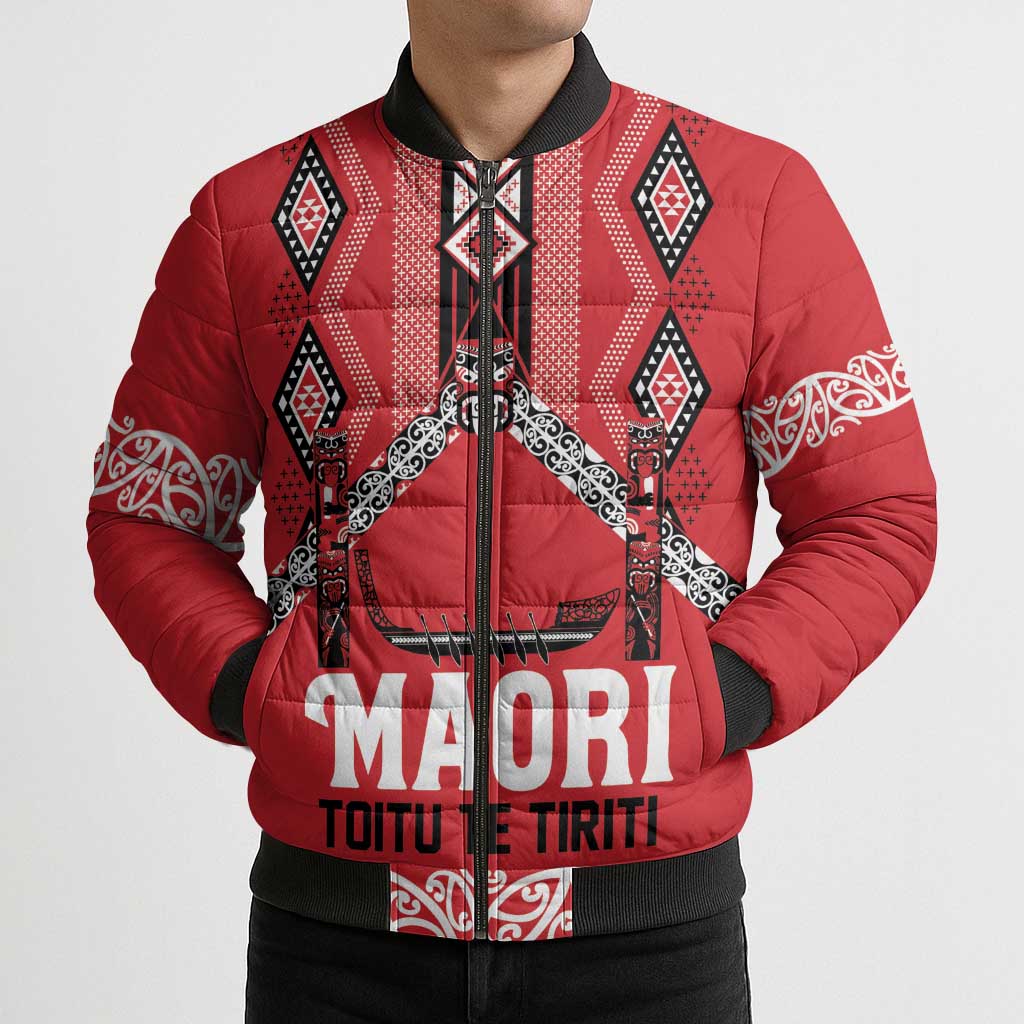 Toitu Te Tiriti Waitangi Bomber Puffer Jacket Red Wharenui House LT9 - Polynesian Pride