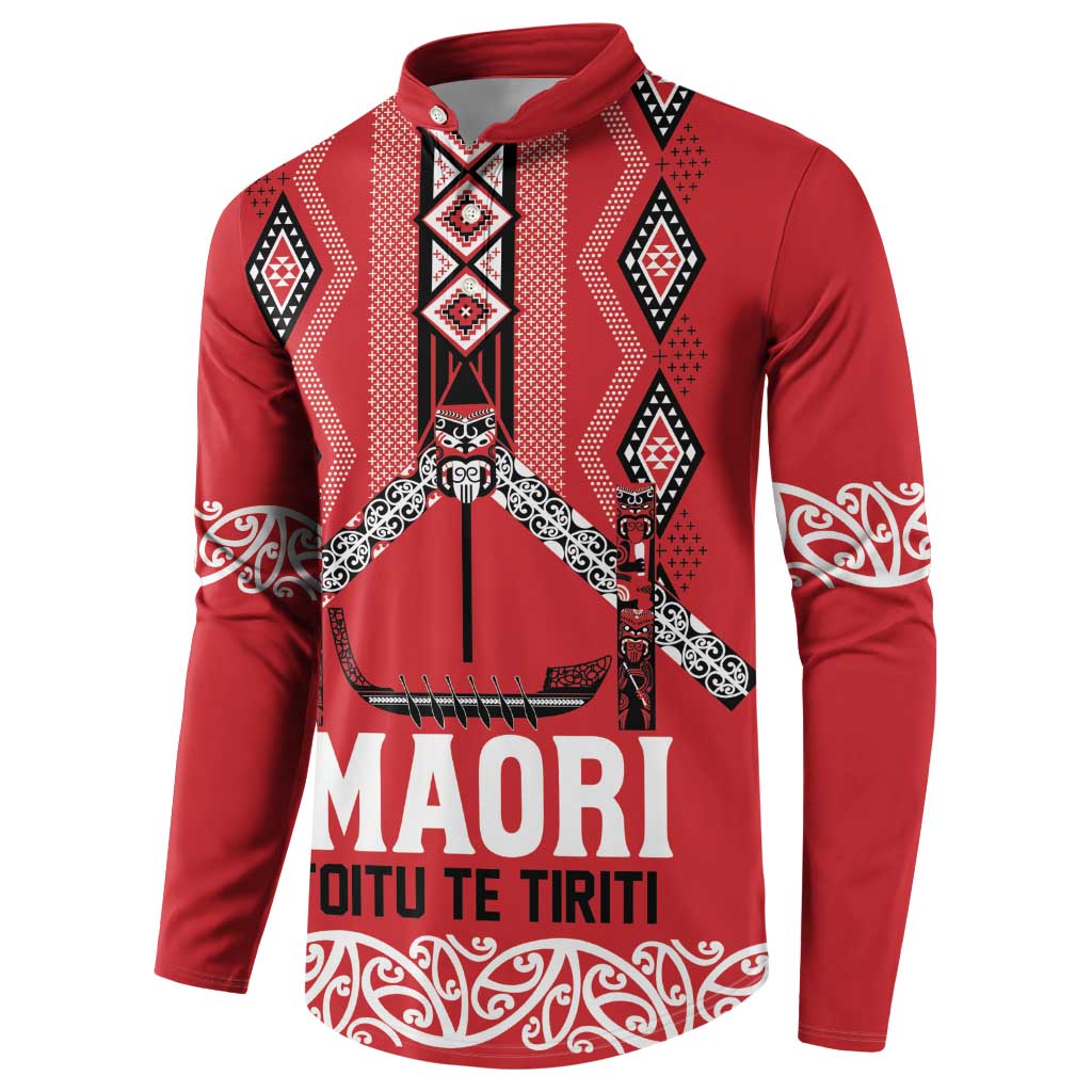 Toitu Te Tiriti Waitangi Button Sweatshirt Red Wharenui House LT9 - Polynesian Pride