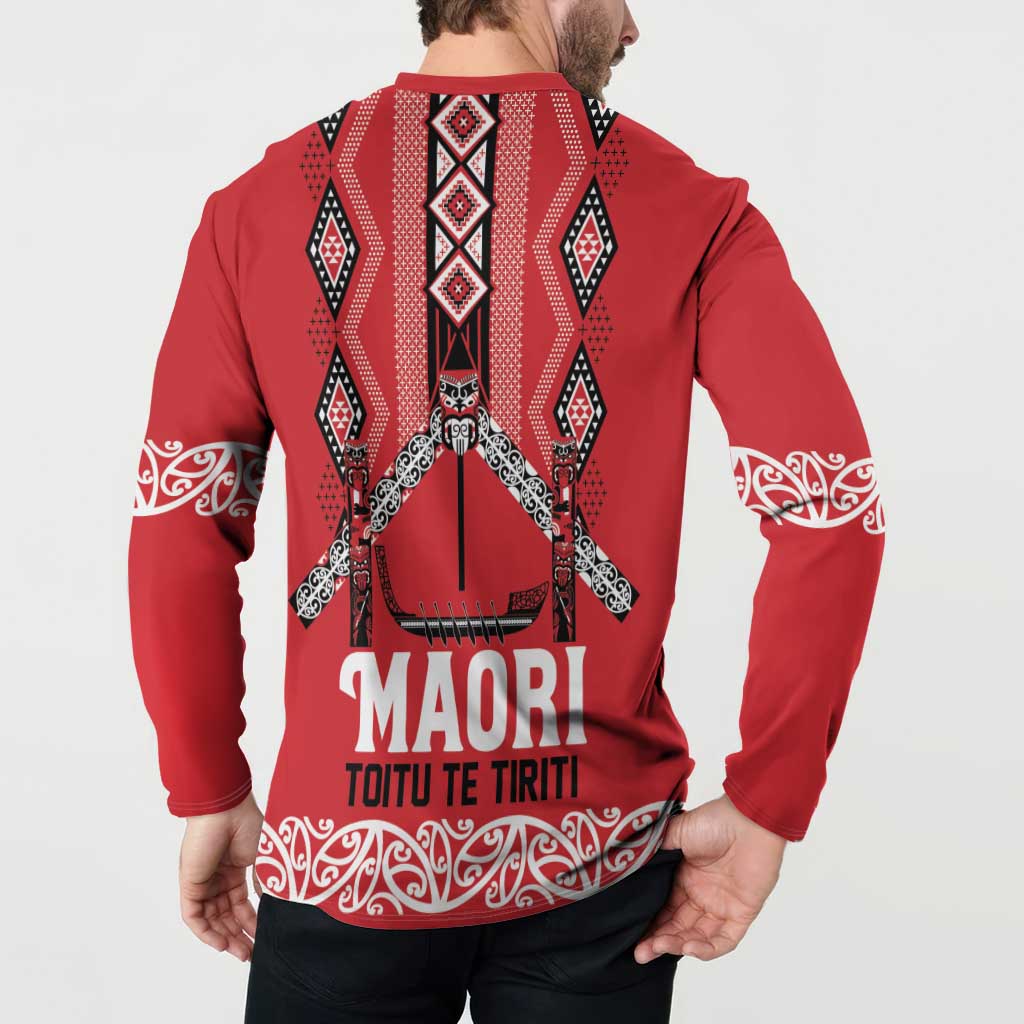 Toitu Te Tiriti Waitangi Button Sweatshirt Red Wharenui House LT9 - Polynesian Pride