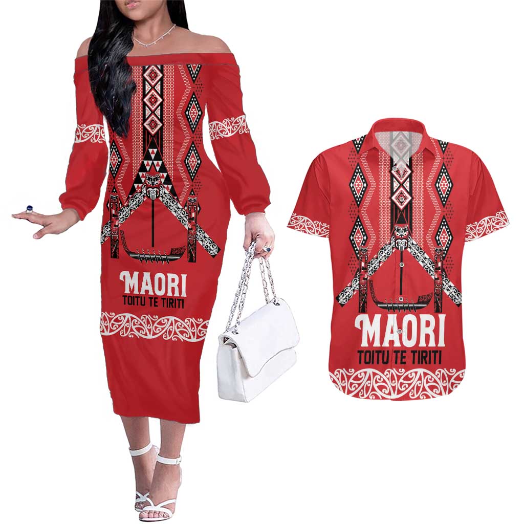 Toitu Te Tiriti Waitangi Couples Matching Off The Shoulder Long Sleeve Dress and Hawaiian Shirt Red Wharenui House - Polynesian Pride