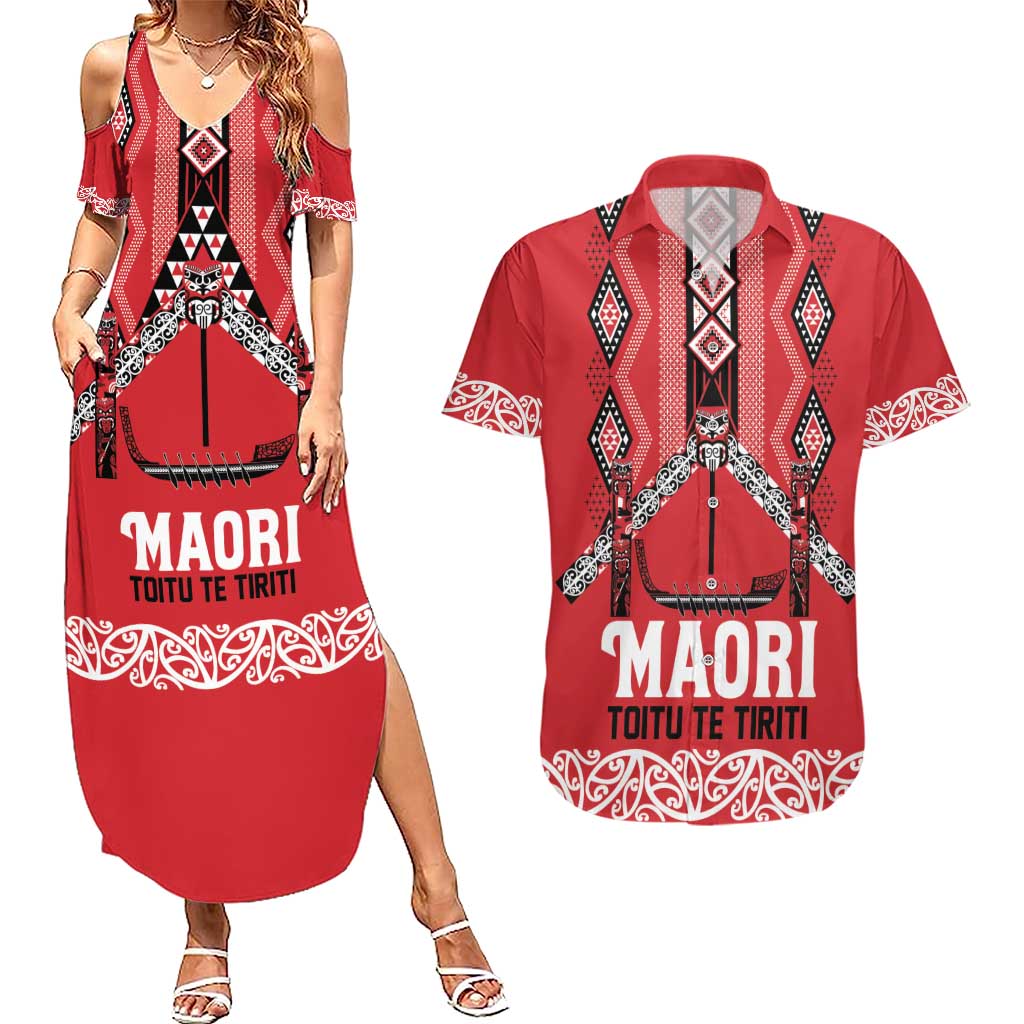 Toitu Te Tiriti Waitangi Couples Matching Summer Maxi Dress and Hawaiian Shirt Red Wharenui House LT9 Red - Polynesian Pride