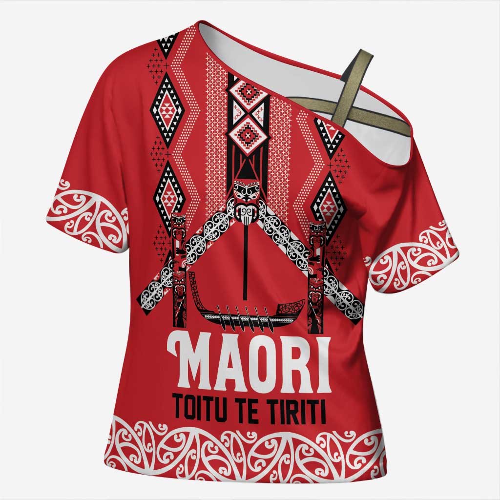 Toitu Te Tiriti Waitangi Cross Shoulder Shirt Red Wharenui House LT9 Female Red - Polynesian Pride