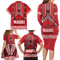 Toitu Te Tiriti Waitangi Family Matching Long Sleeve Bodycon Dress and Hawaiian Shirt Red Wharenui House - Polynesian Pride