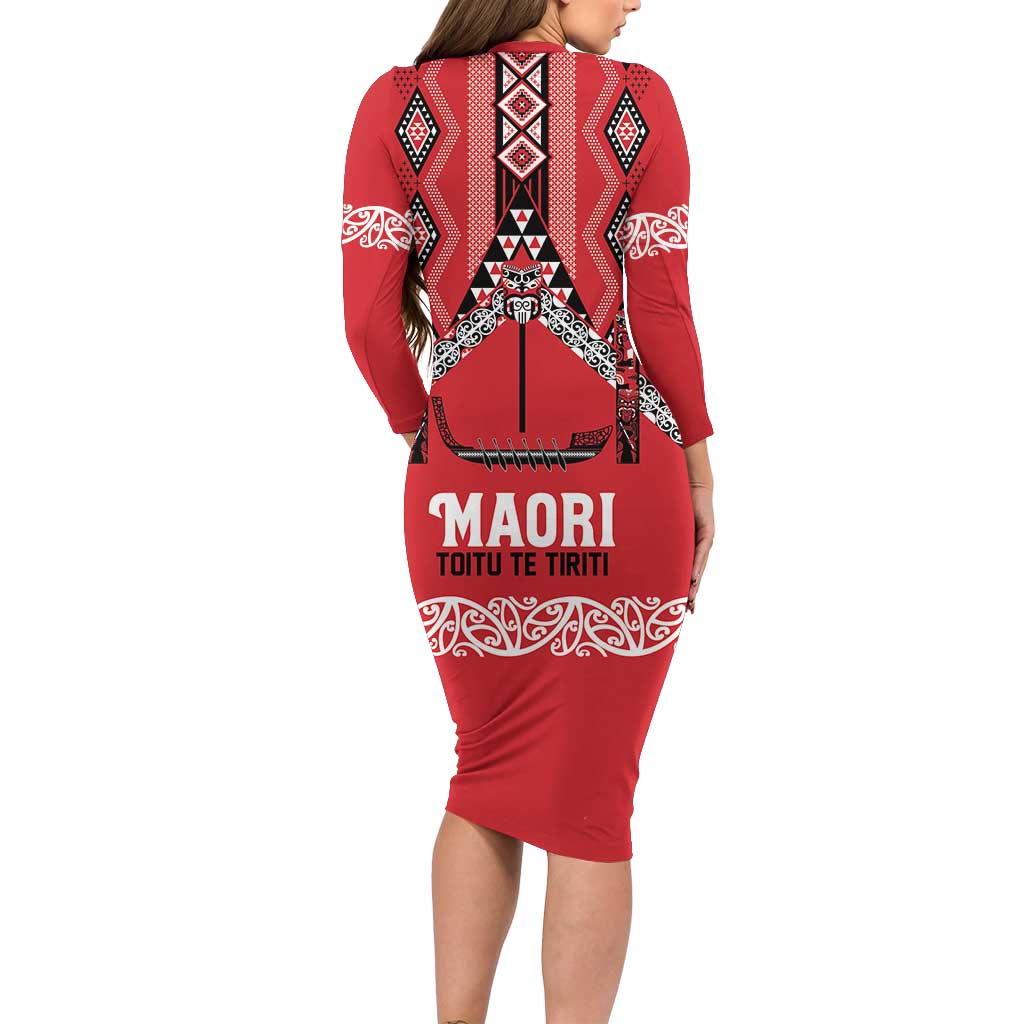 Toitu Te Tiriti Waitangi Family Matching Long Sleeve Bodycon Dress and Hawaiian Shirt Red Wharenui House - Polynesian Pride