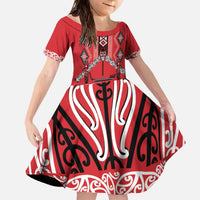 Toitu Te Tiriti Waitangi Family Matching Off The Shoulder Long Sleeve Dress and Hawaiian Shirt Red Wharenui House - Polynesian Pride