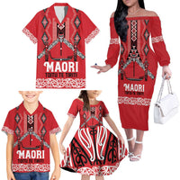 Toitu Te Tiriti Waitangi Family Matching Off The Shoulder Long Sleeve Dress and Hawaiian Shirt Red Wharenui House - Polynesian Pride