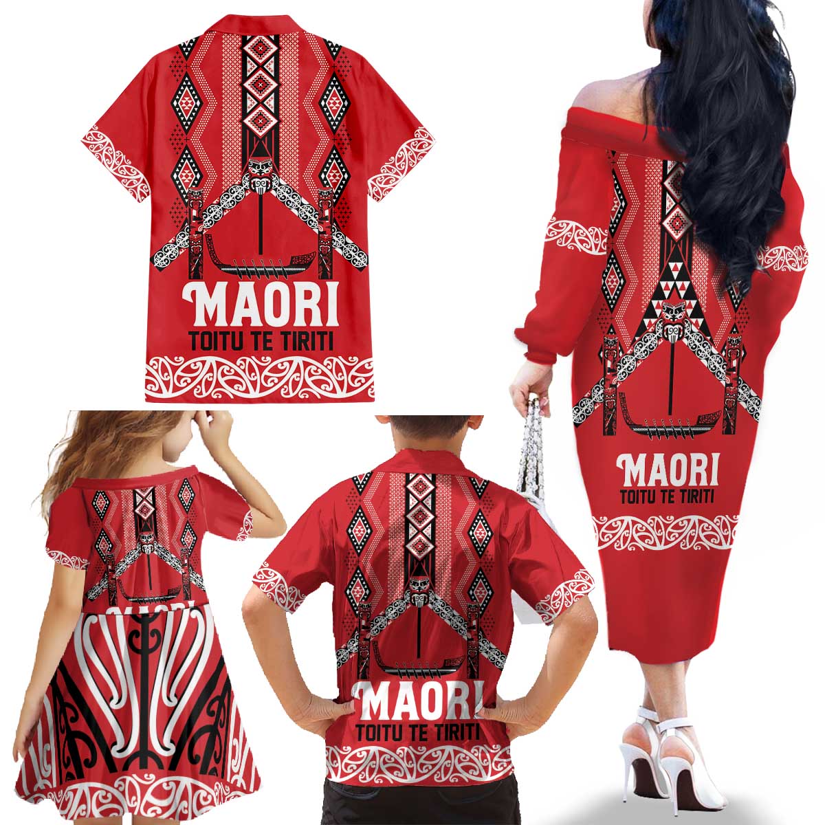 Toitu Te Tiriti Waitangi Family Matching Off The Shoulder Long Sleeve Dress and Hawaiian Shirt Red Wharenui House - Polynesian Pride