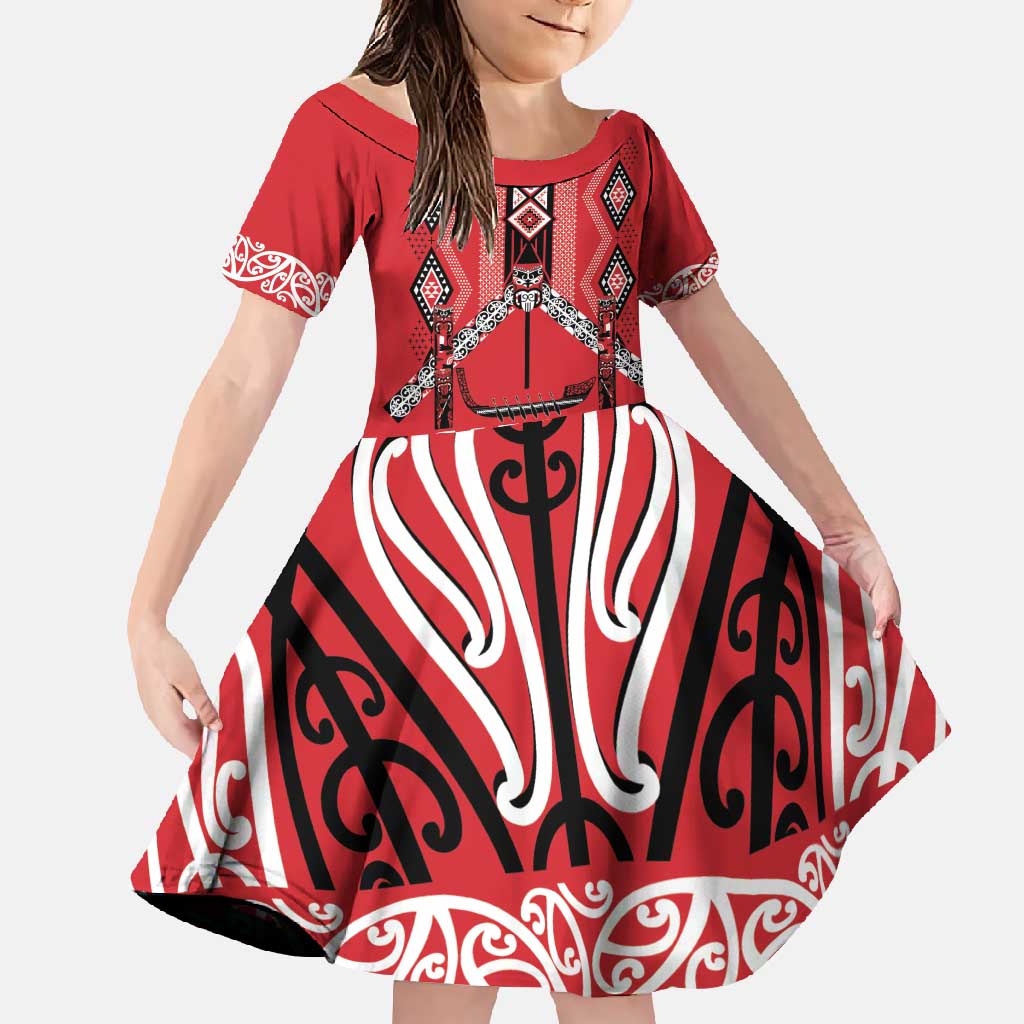 Toitu Te Tiriti Waitangi Family Matching Off Shoulder Maxi Dress and Hawaiian Shirt Red Wharenui House - Polynesian Pride
