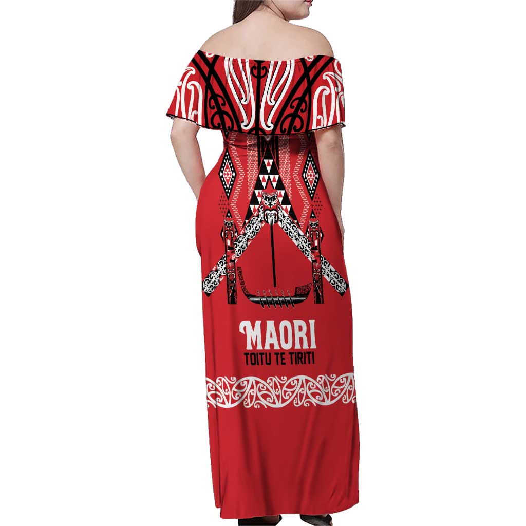 Toitu Te Tiriti Waitangi Family Matching Off Shoulder Maxi Dress and Hawaiian Shirt Red Wharenui House - Polynesian Pride