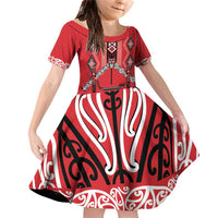 Toitu Te Tiriti Waitangi Family Matching Off Shoulder Short Dress and Hawaiian Shirt Red Wharenui House - Polynesian Pride