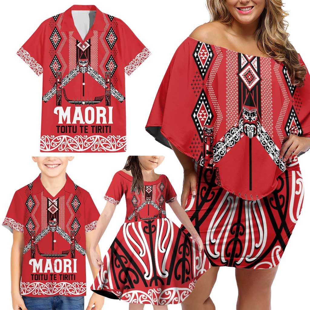 Toitu Te Tiriti Waitangi Family Matching Off Shoulder Short Dress and Hawaiian Shirt Red Wharenui House - Polynesian Pride